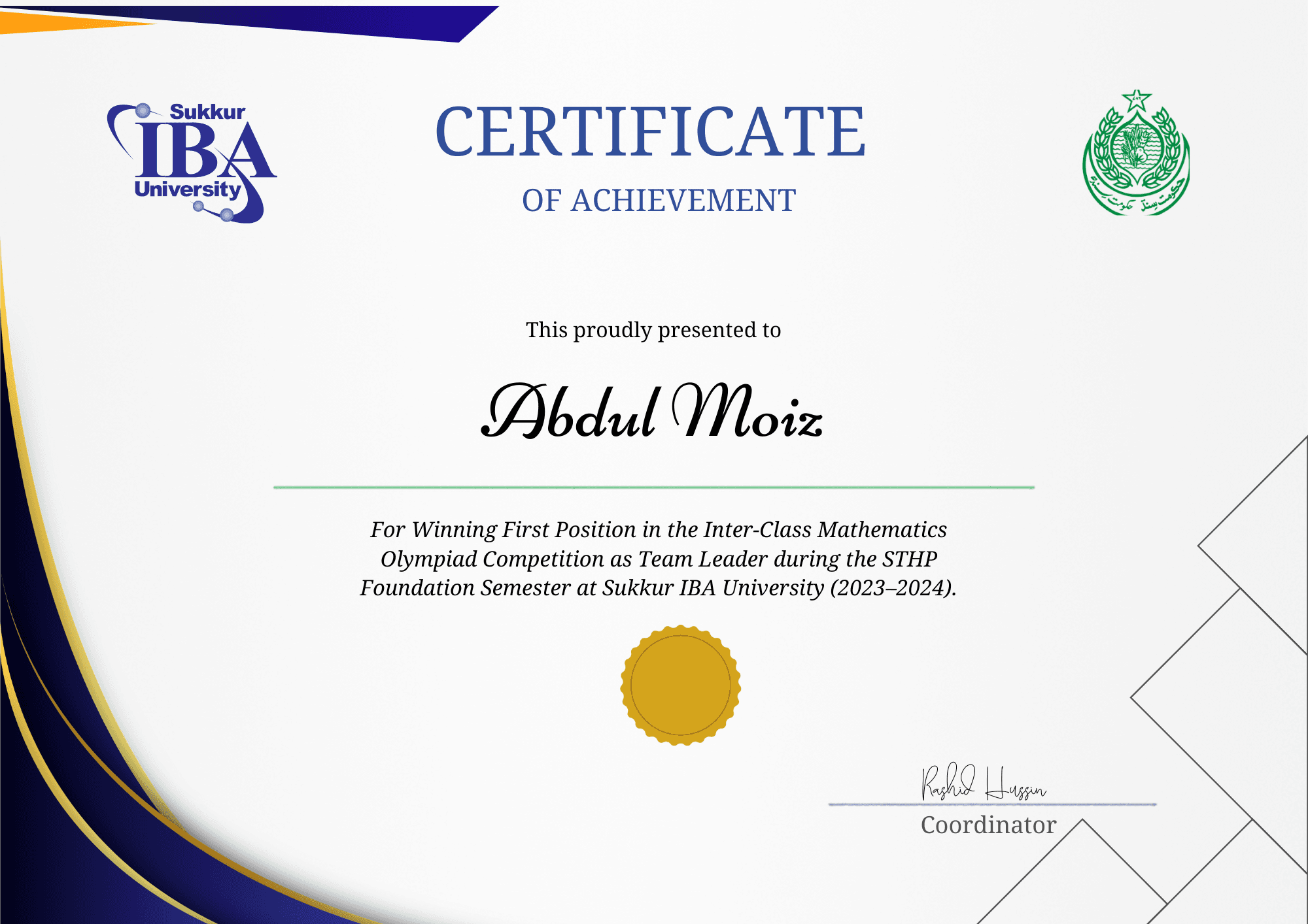 Mathematics Olympiad certificate awarded to Abdul Moiz Soomro